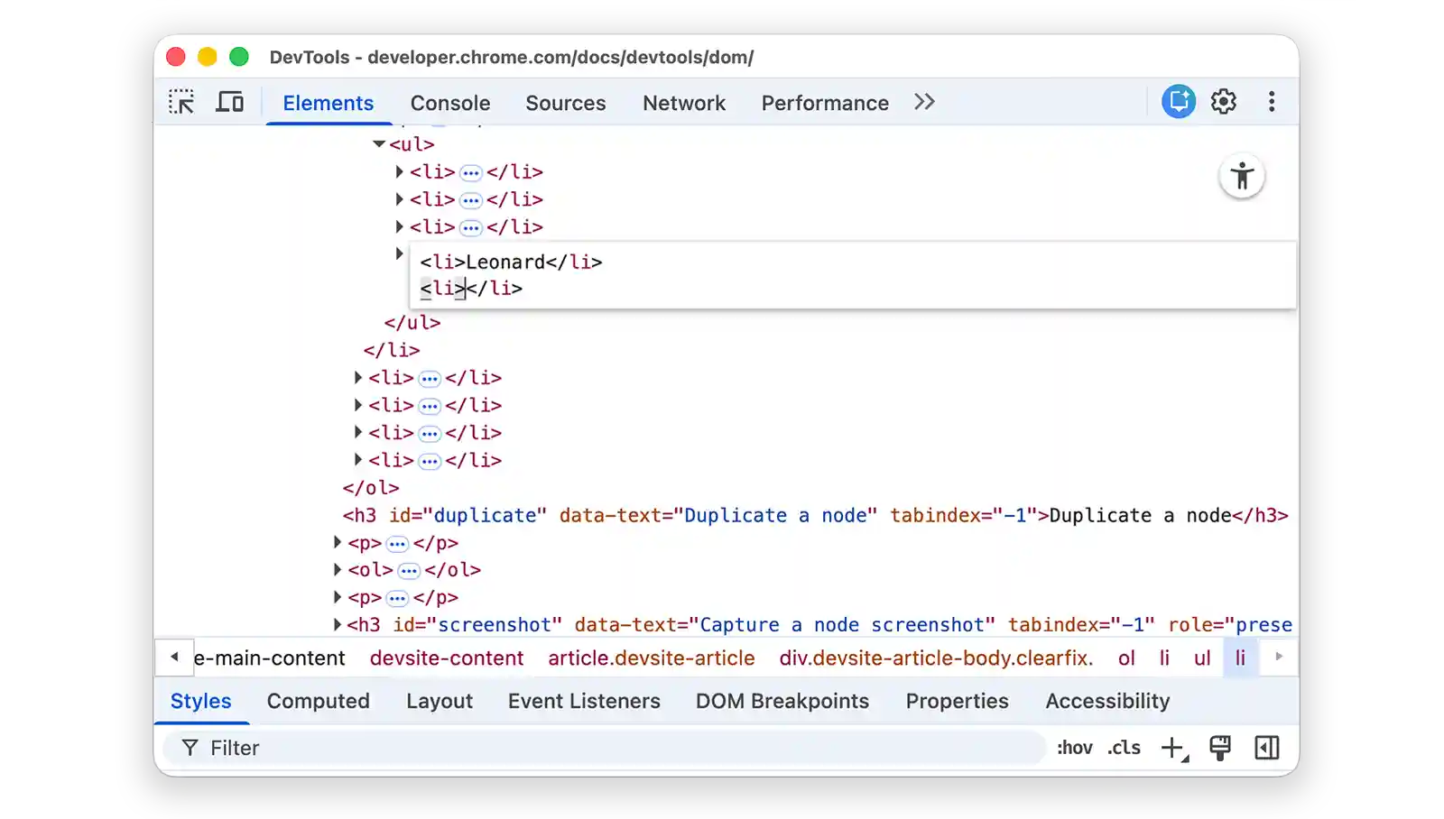 DevTools closes the tag automatically.