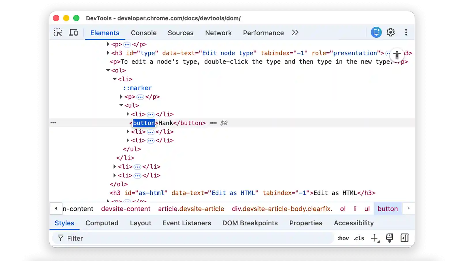Changing the node type to button