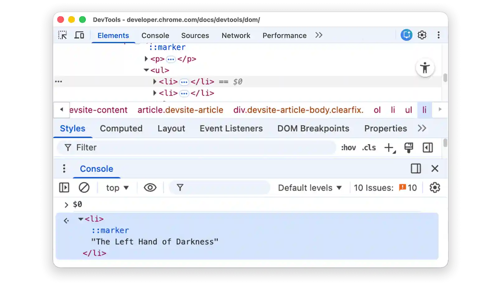 The result of the first $0 expression in the Console.