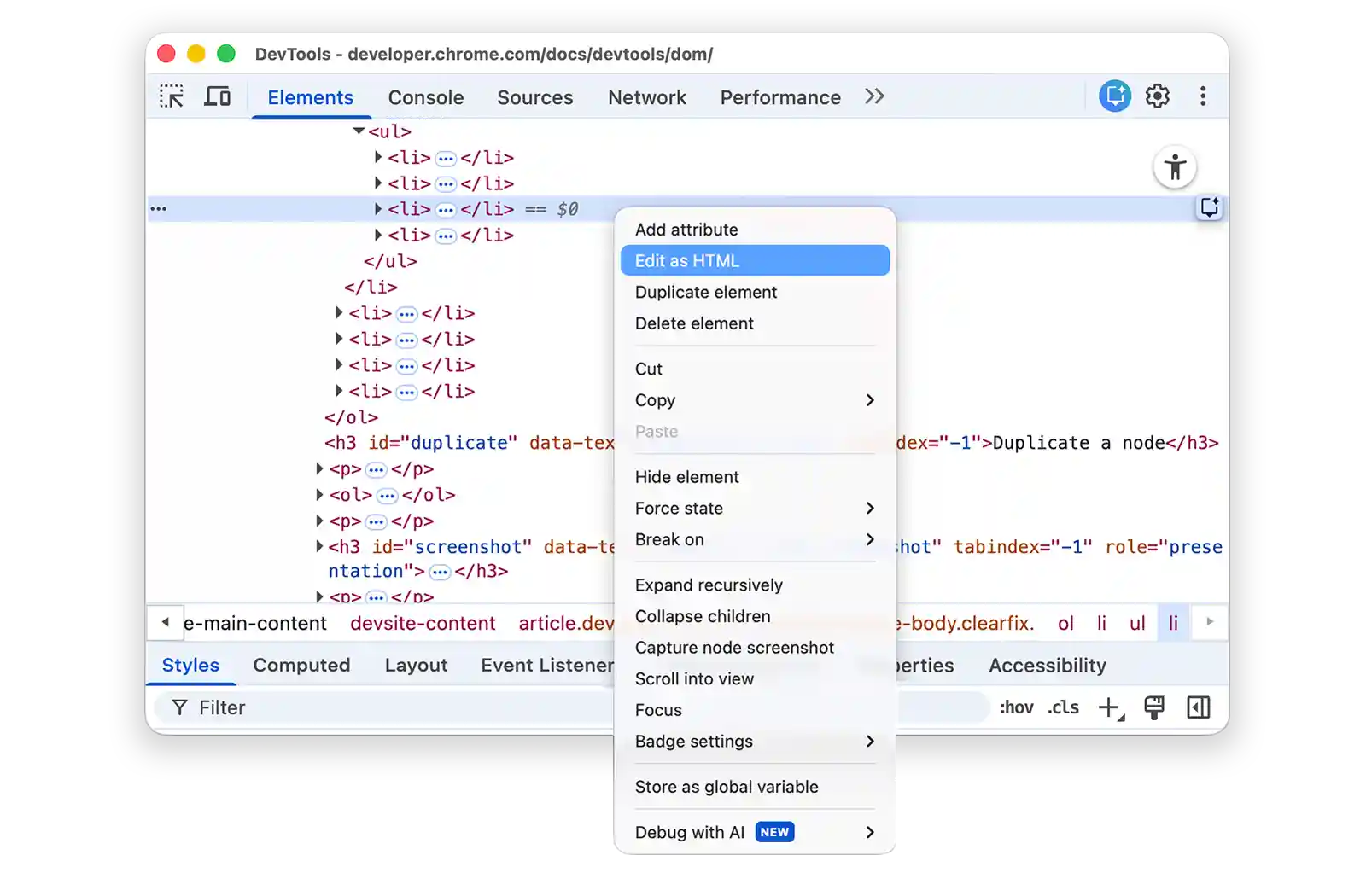 The drop-down menu of a node.