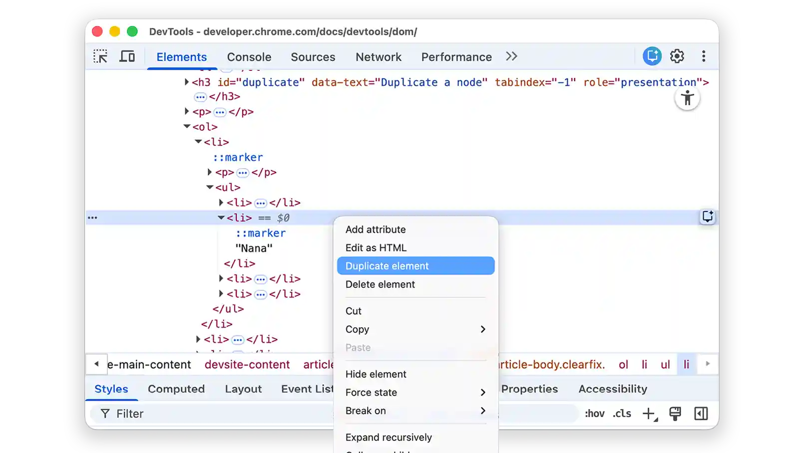 The Duplicate element option highlighted in the drop-down.