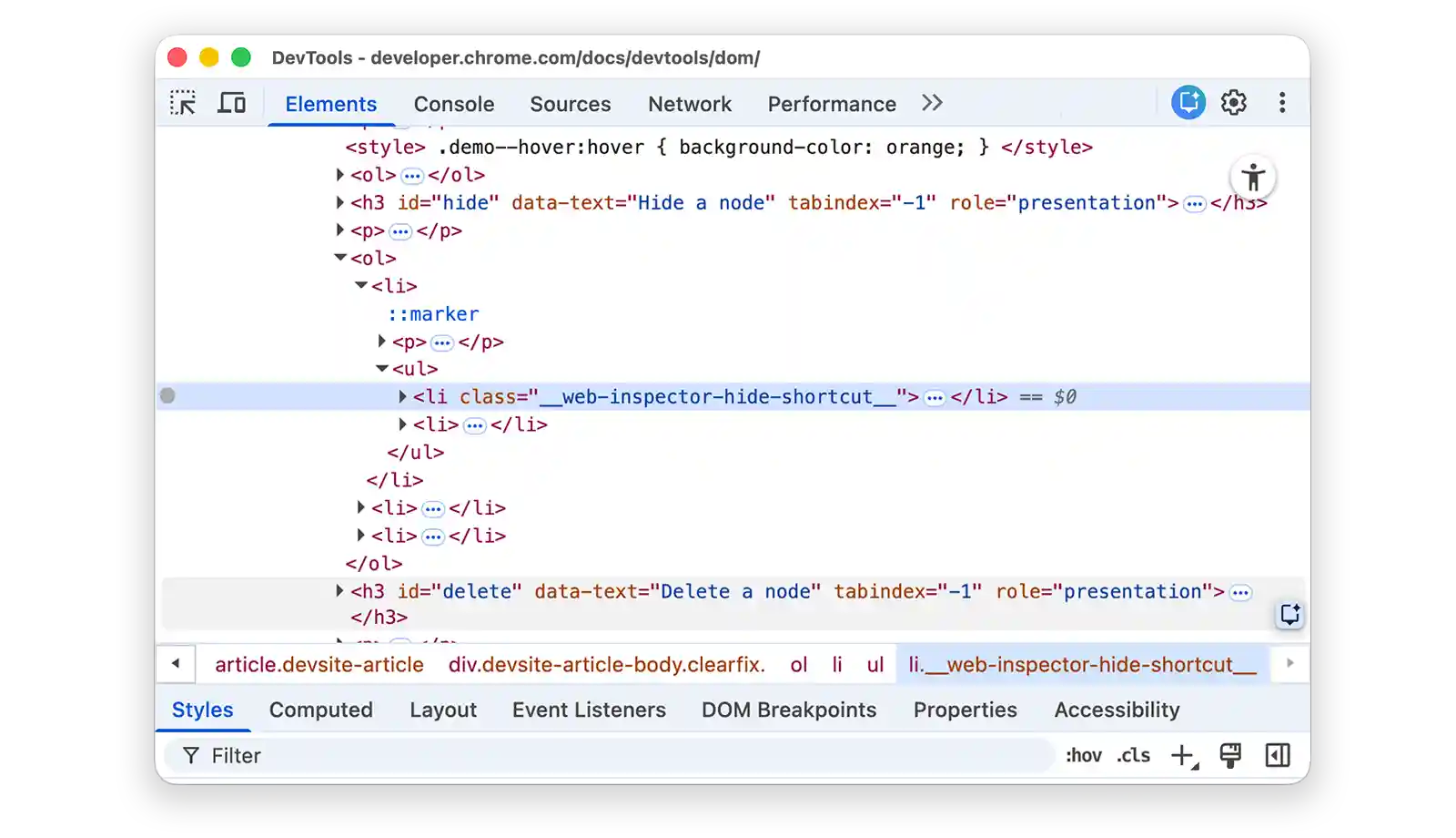 What the node looks like in the DOM Tree after it's hidden