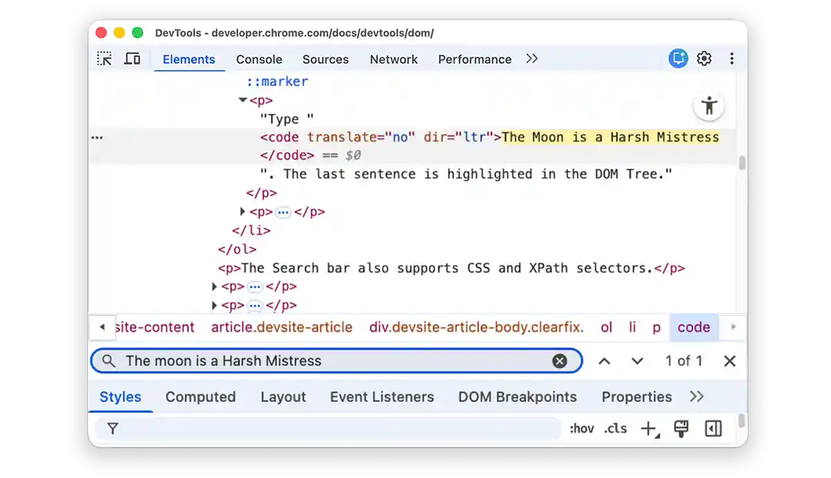 Highlighting the query in the Search bar.