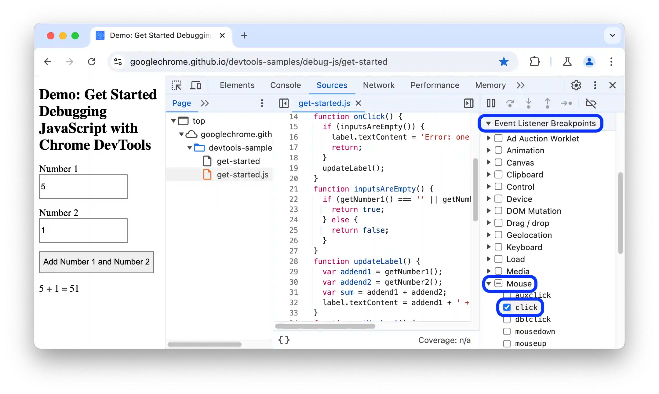 The 'click' checkbox is enabled.