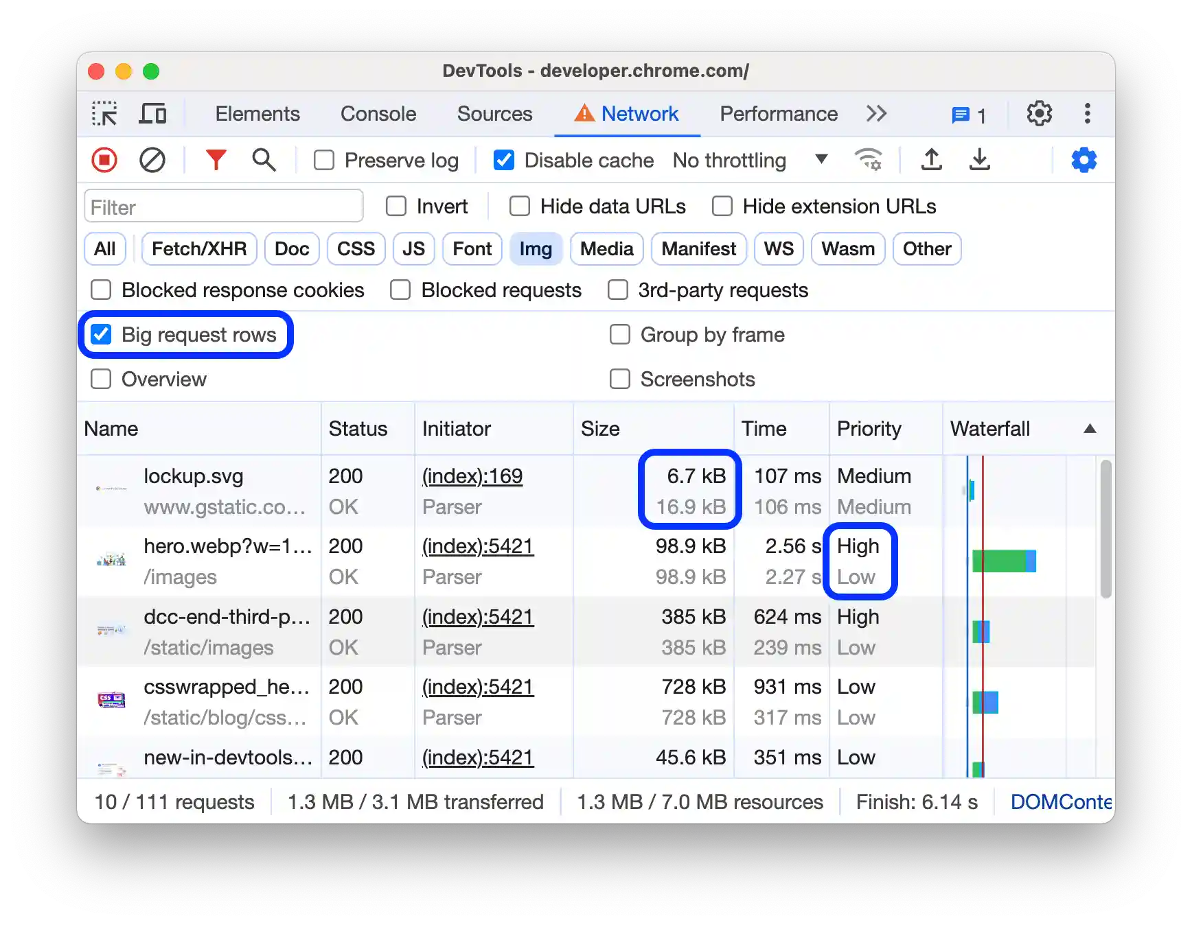 Big request rows turned on.