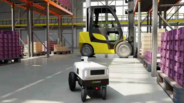 An autonomous mobile robot in action in a warehouse