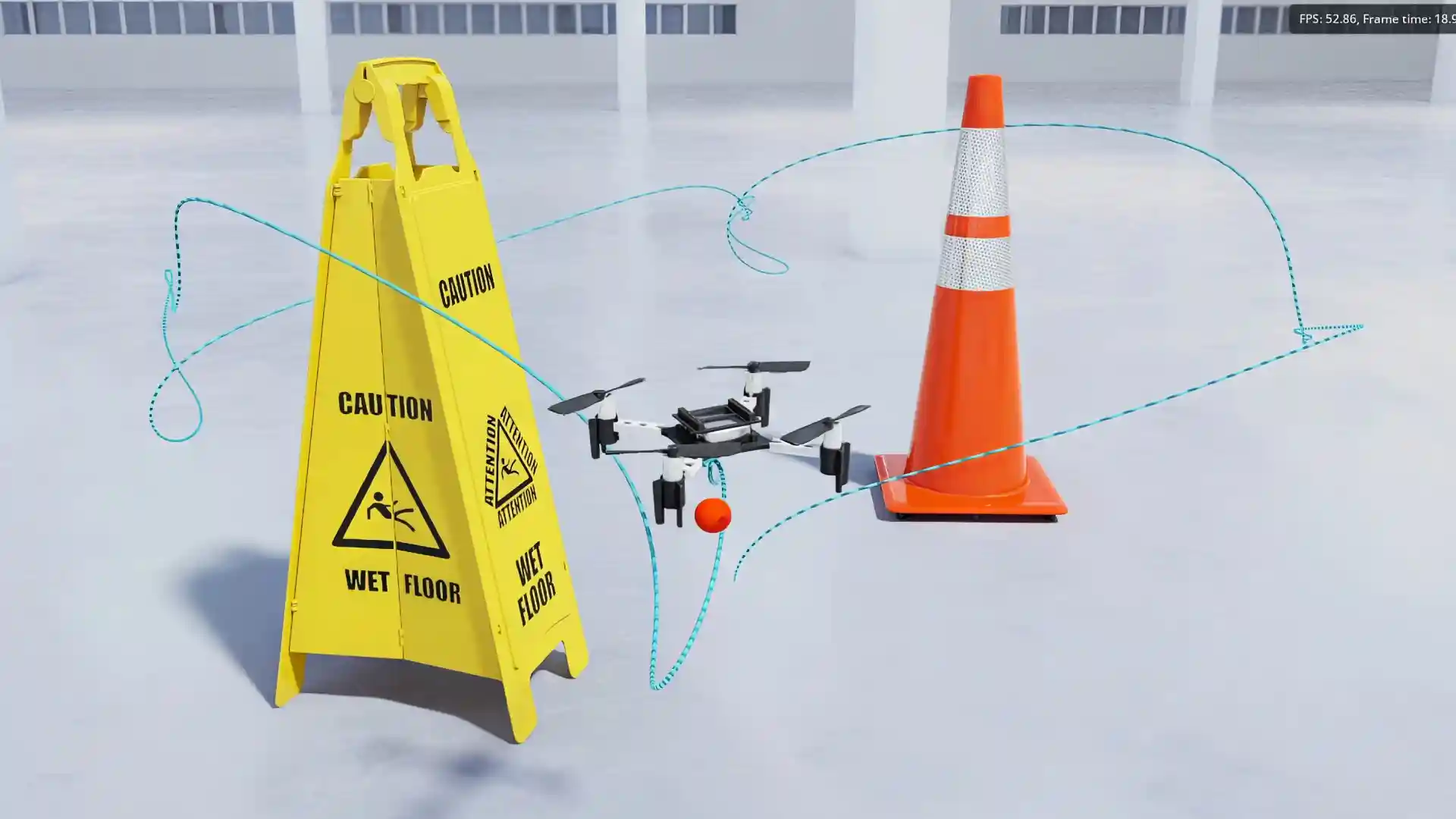 A quadrotor drone being simulated and controlled using NVIDIA Warp.