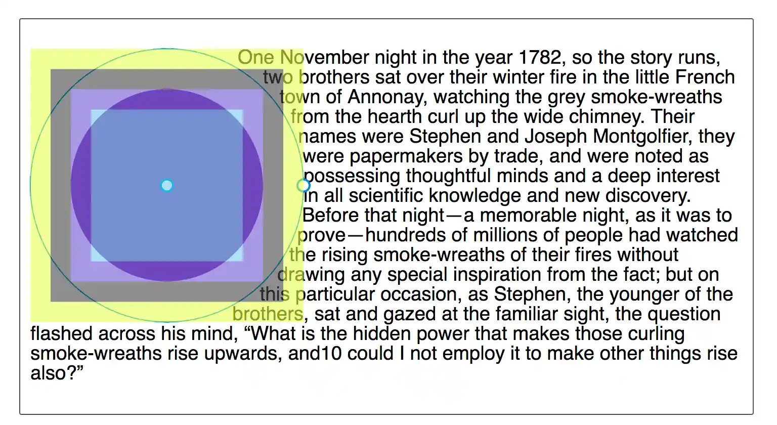 Une image montrant un cercle inspecté avec l'inspecteur de formes de Firefox DevTools. Les différentes parties du modèle de boîte sont mises en évidence.