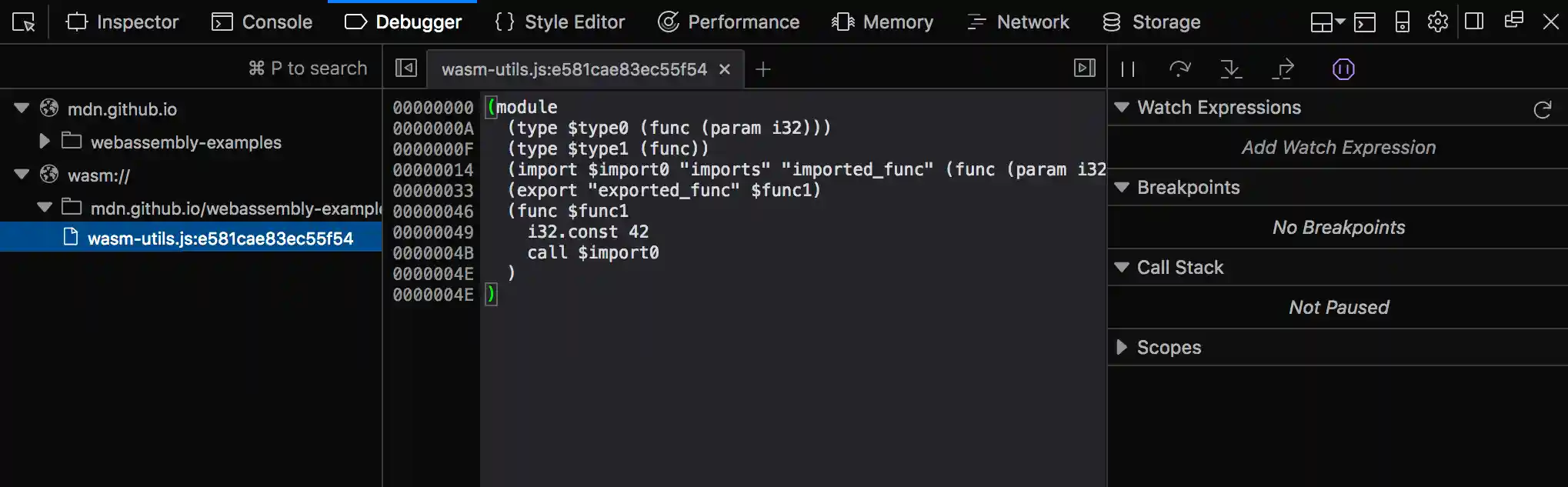 Entwickler-Tools Debugger-Panel, das ein Modul hervorhebt.