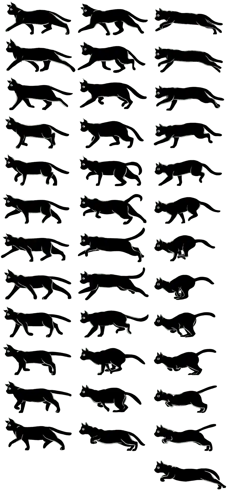 A sprite sheet with three columns, each column containing a sequence of images of a black cat moving to the left at different paces. Each sprite is 300 pixels wide and 150 pixels high.