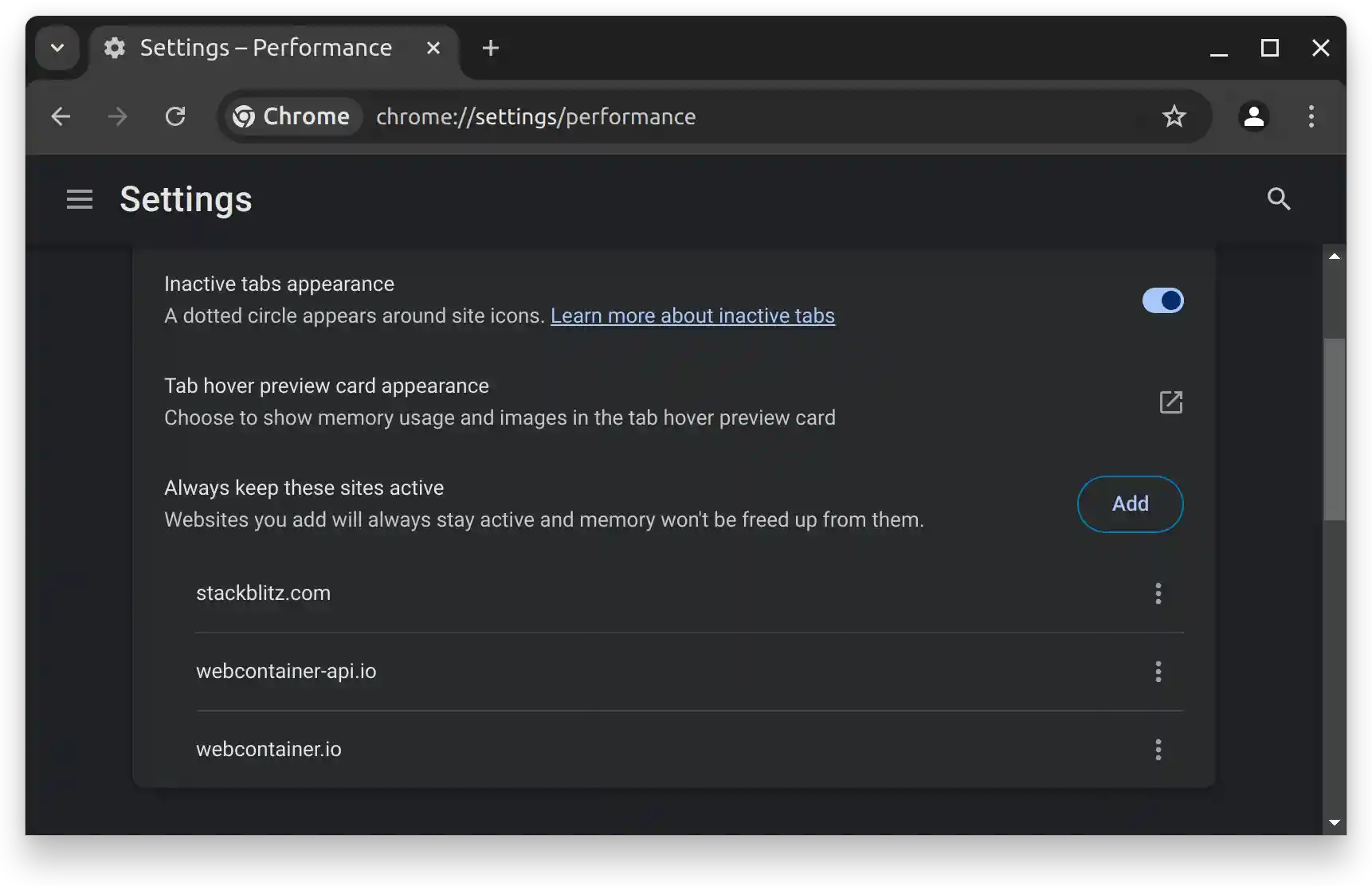 Chrome performance settings showing the memory saver section with an exception for stackblitz.com