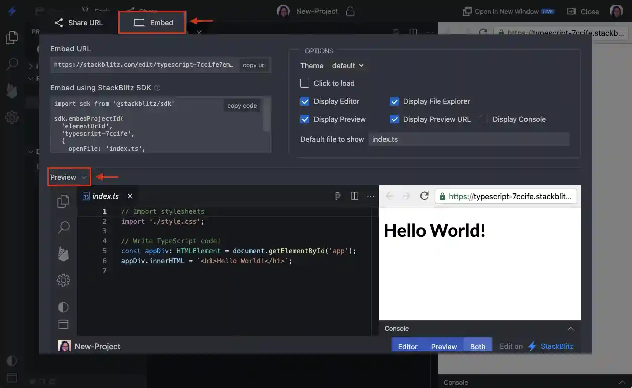 Embed and Preview tabs in StackBlitz Editor