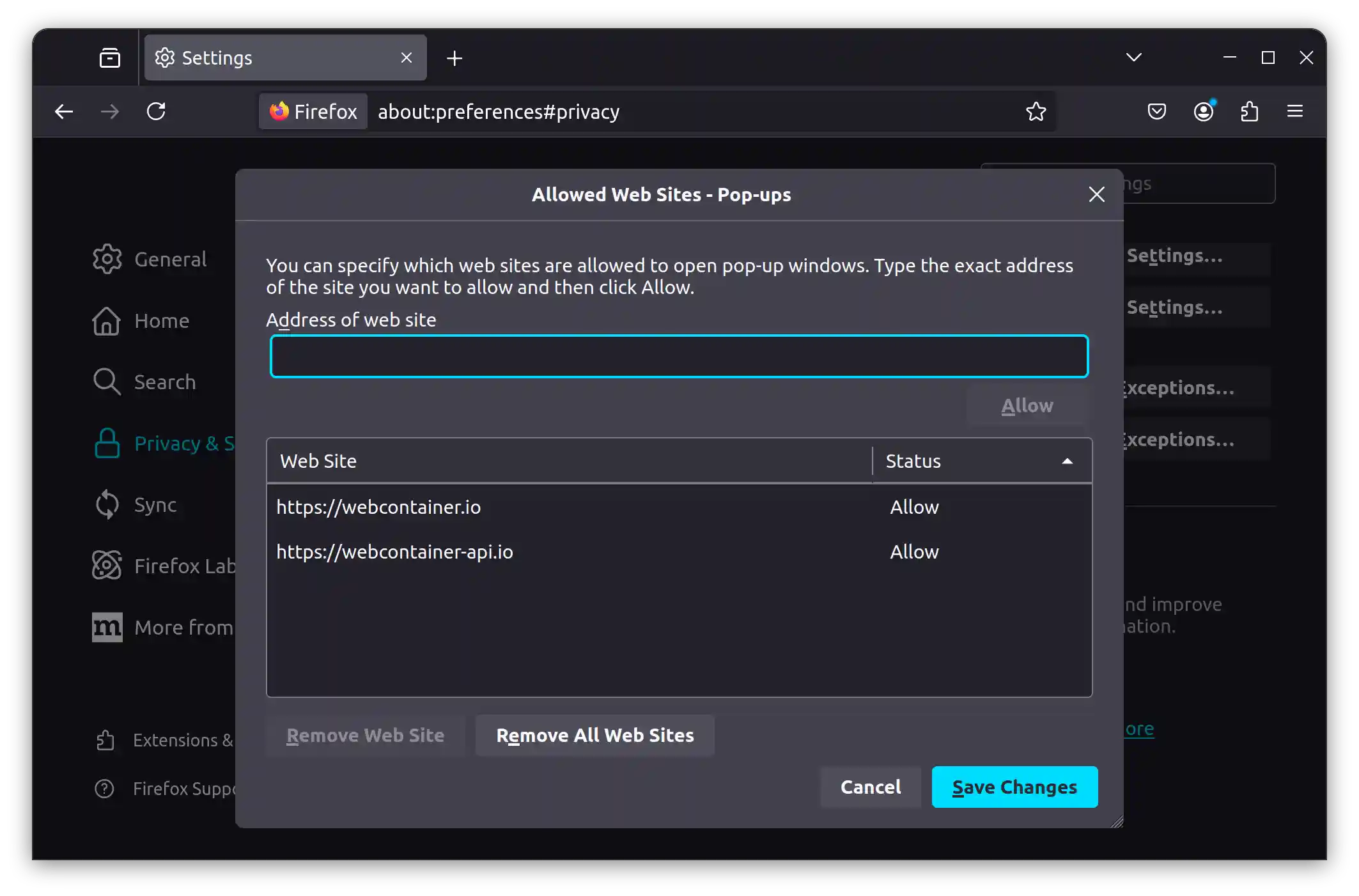 Firefox popups settings showing the webcontainer.io site allowed as an exception