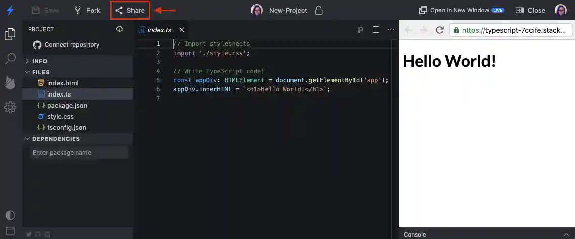 Share Button in StackBlitz Editor