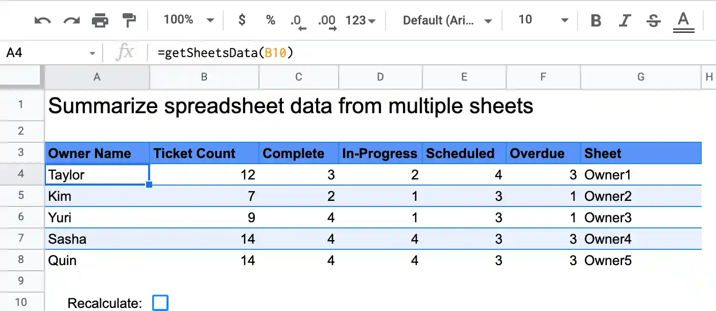 Screenshot of the getSheetsData function output