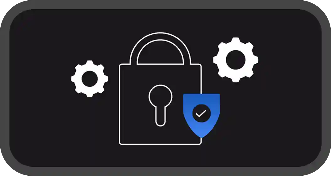Lock icon with shield and gears, on dark background