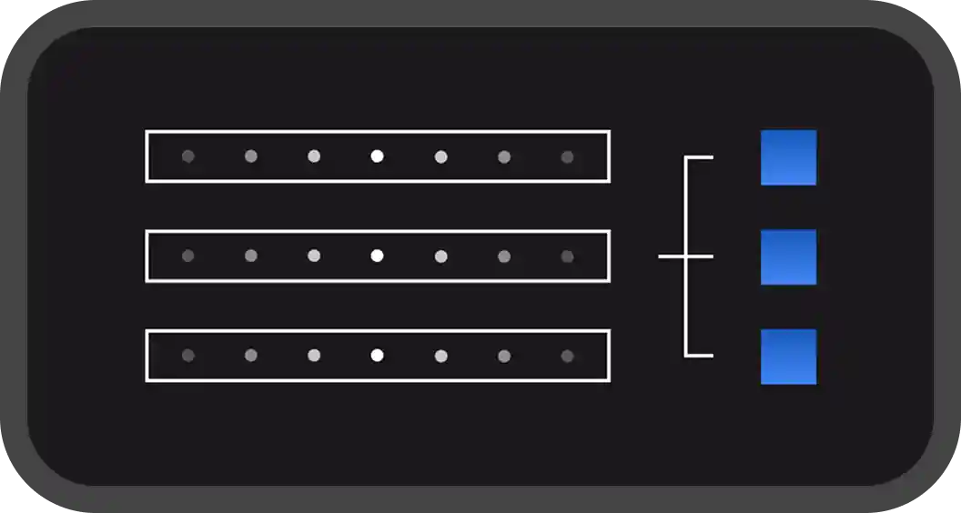 Dark UI with three dotted bars linked to blue squares