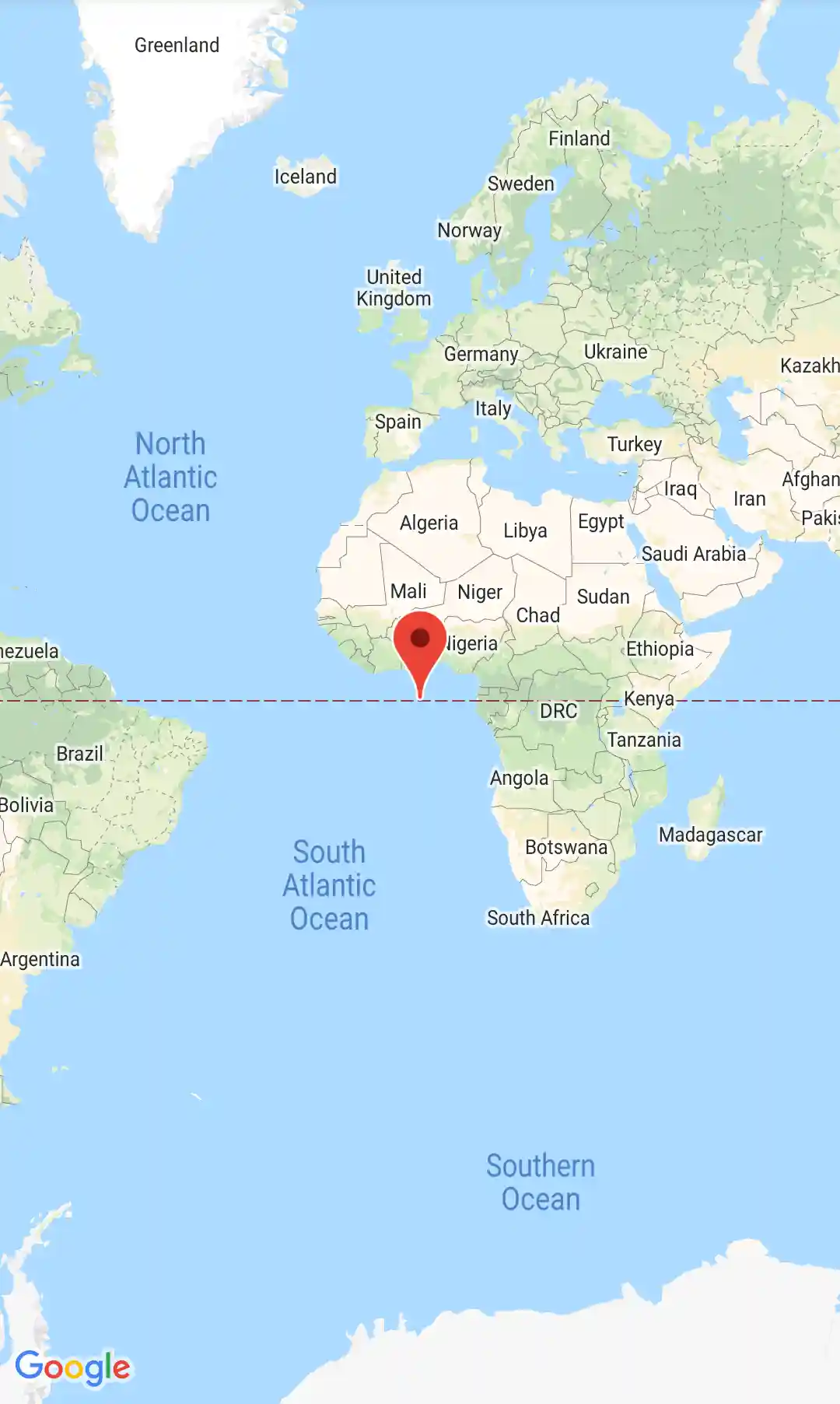 Screenshot with the map and marker centered on Null Island.