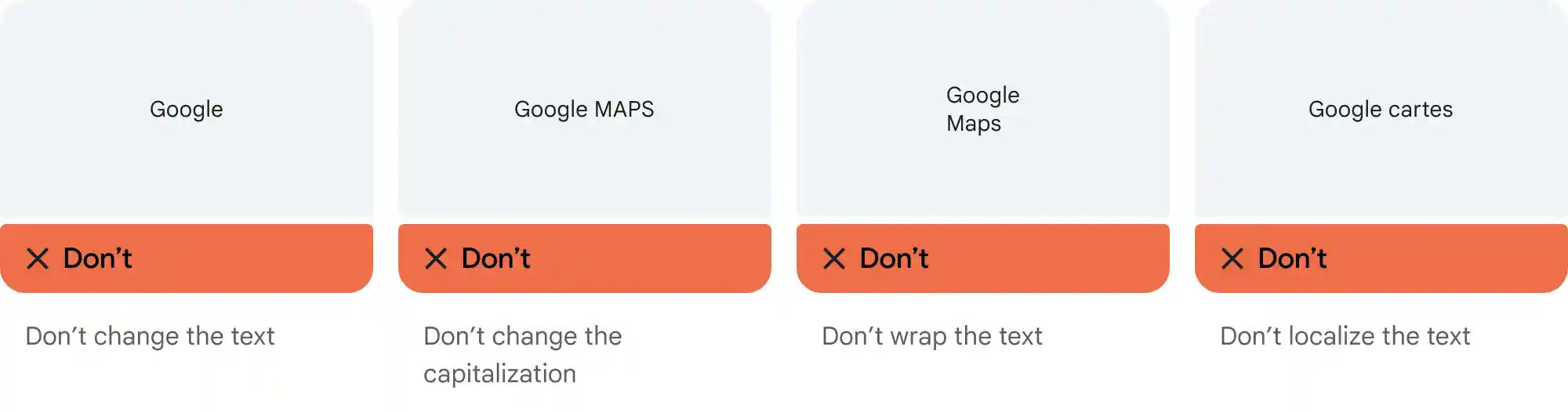 Unacceptable variations of the Google Maps text attribution