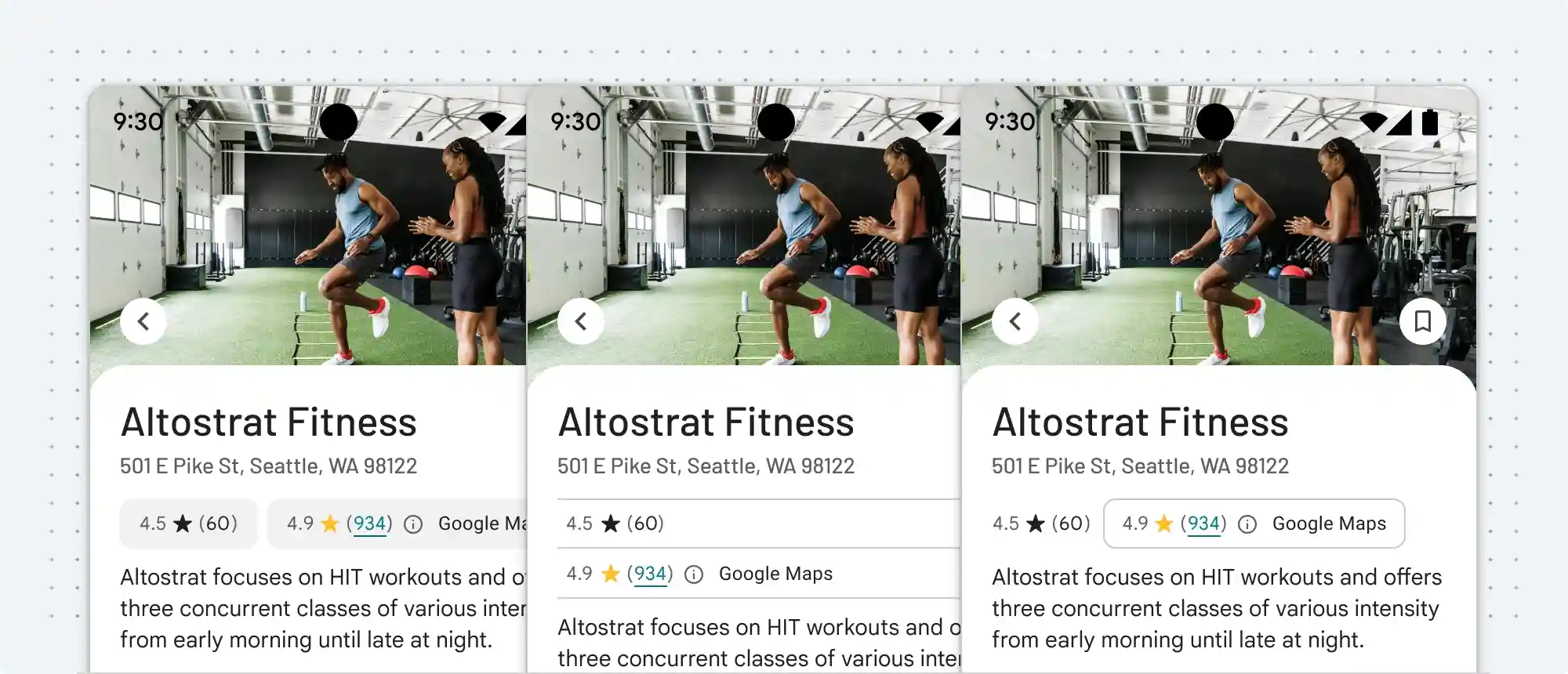 Example of three approaches to differentiating Google Maps Content (the place rating) from other content