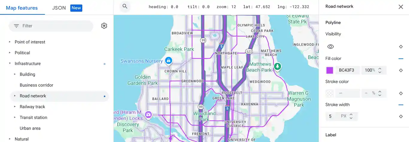 Map style showing road network fill color changes