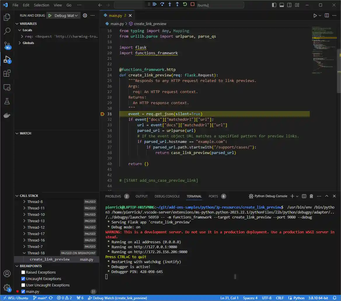 The execution is paused at the breakpoint that was set.