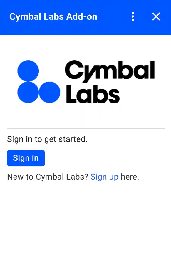 A custom authorization card for Cymbal Labs that includes the company's
  logo, a description, and a sign in button.