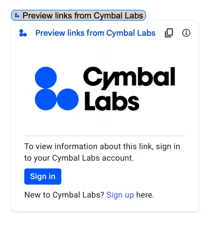 A custom authorization card from a link preview that includes the company's
  logo, a description, and a sign in button.