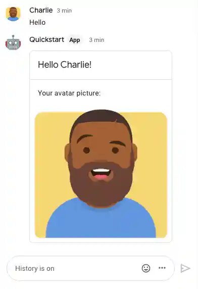 Chat app responding with a card featuring the sender's display name and avatar
image