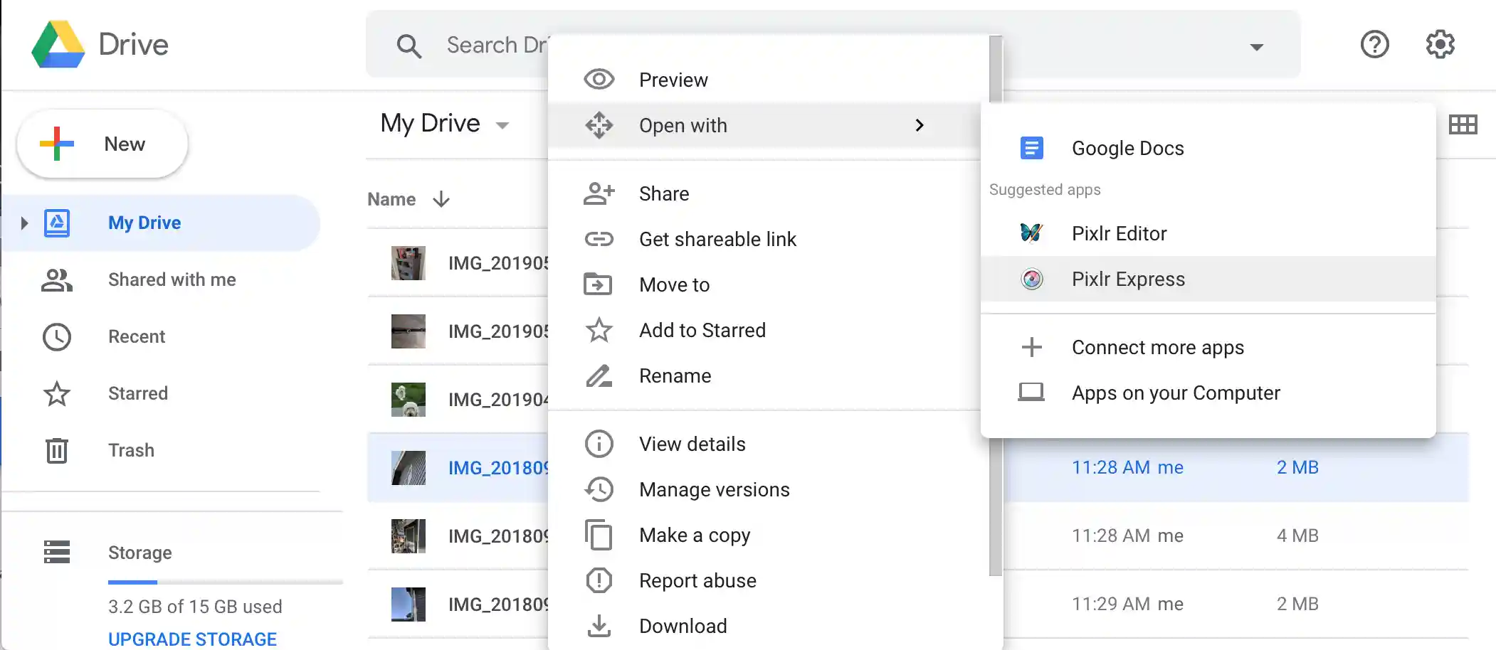 Google Drive UI's open with menu item