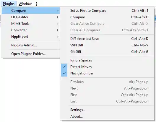 Compare menu in Notepad++
