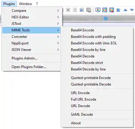 MIME Tools menu in Notepad++