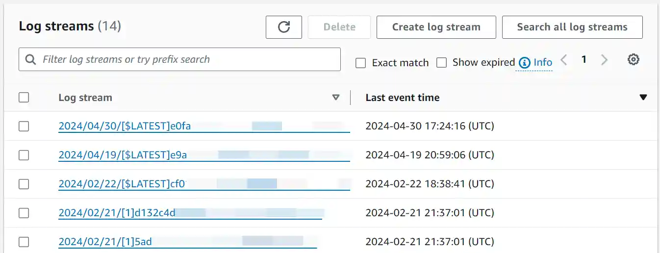 List of log streams for a Lambda function.
