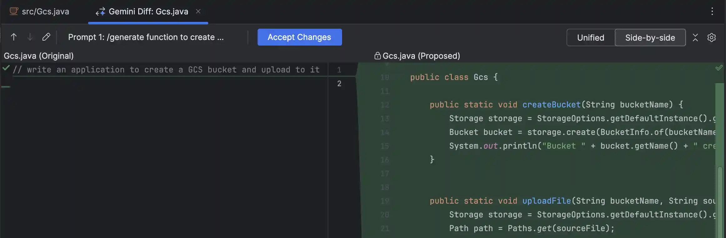 Code transformation diff view in IntelliJ Gemini Code Assist