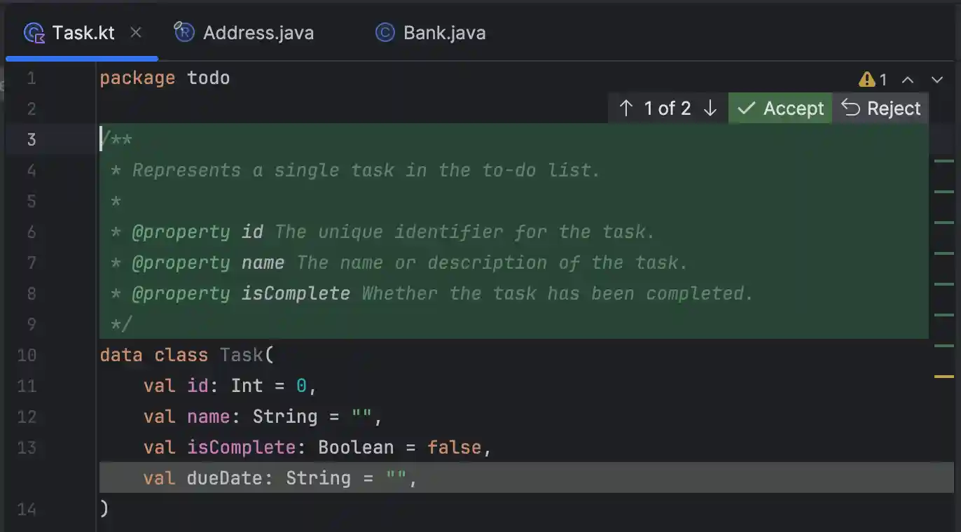 Accept or reject suggested a single change in a file in IntelliJ Gemini Code Assist.