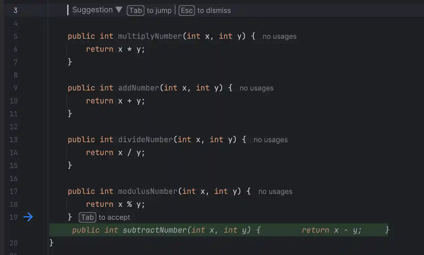User triggers the Next Edit Predictions in IntelliJ Gemini Code Assist.