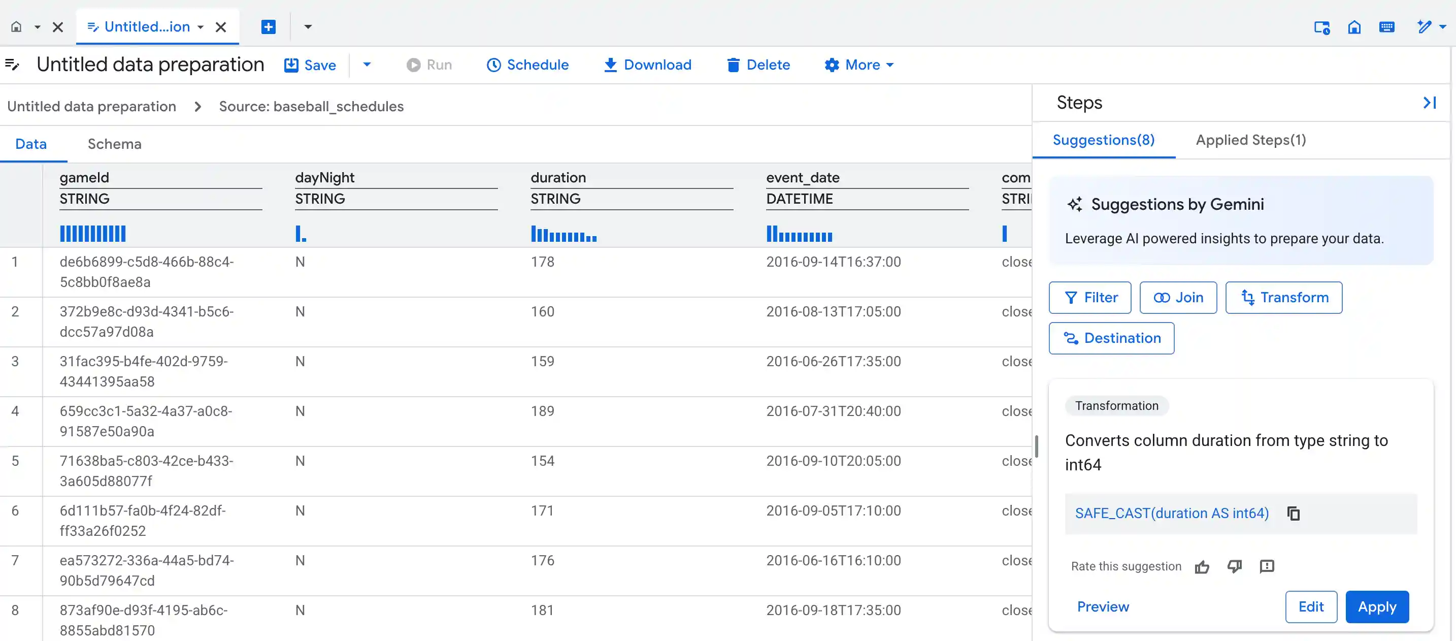 Data view in the data preparation editor