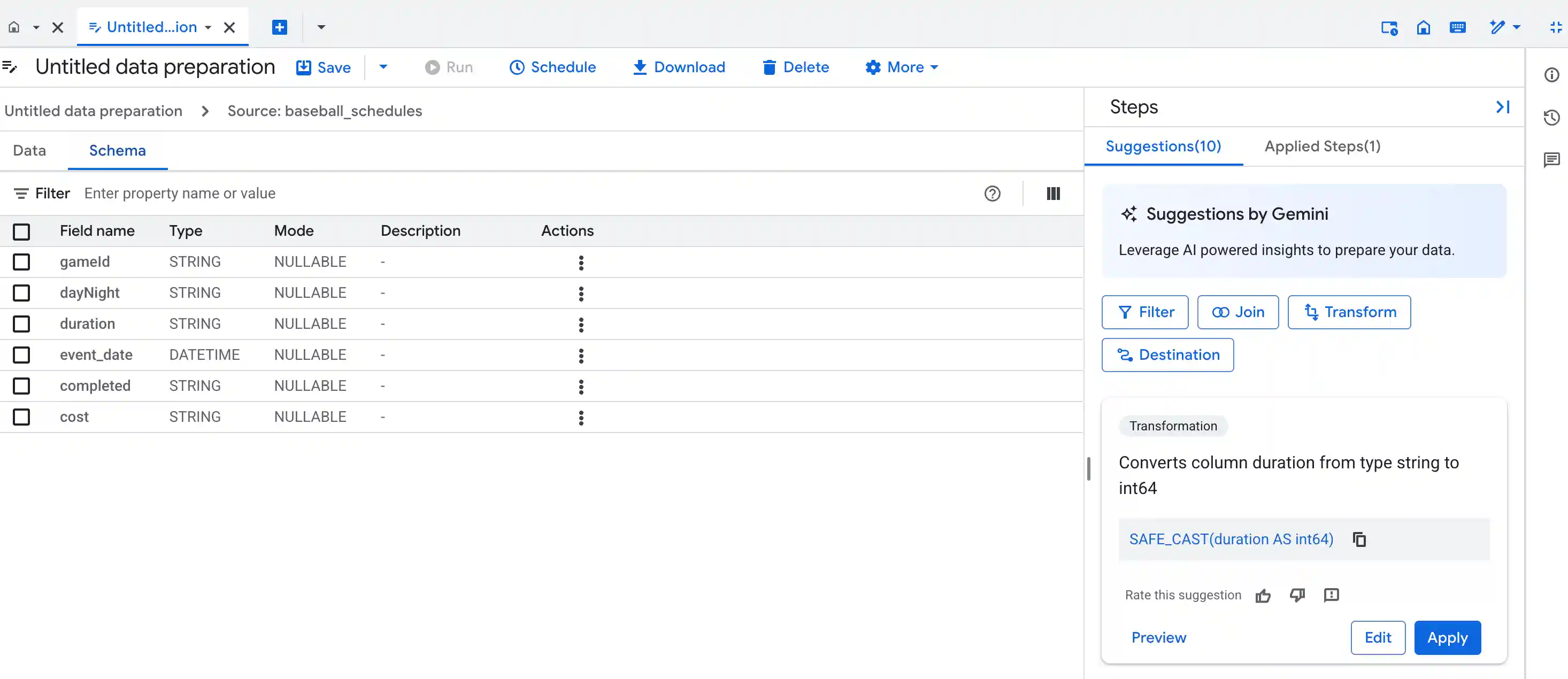 Schema view in the data preparation editor