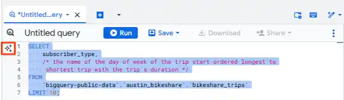 Gemini icon highlighted in margin of BigQuery query editor and the full SQL statement selected.