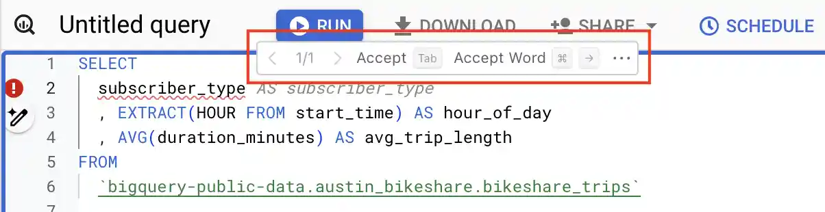 Navigation buttons for SQL suggestions.