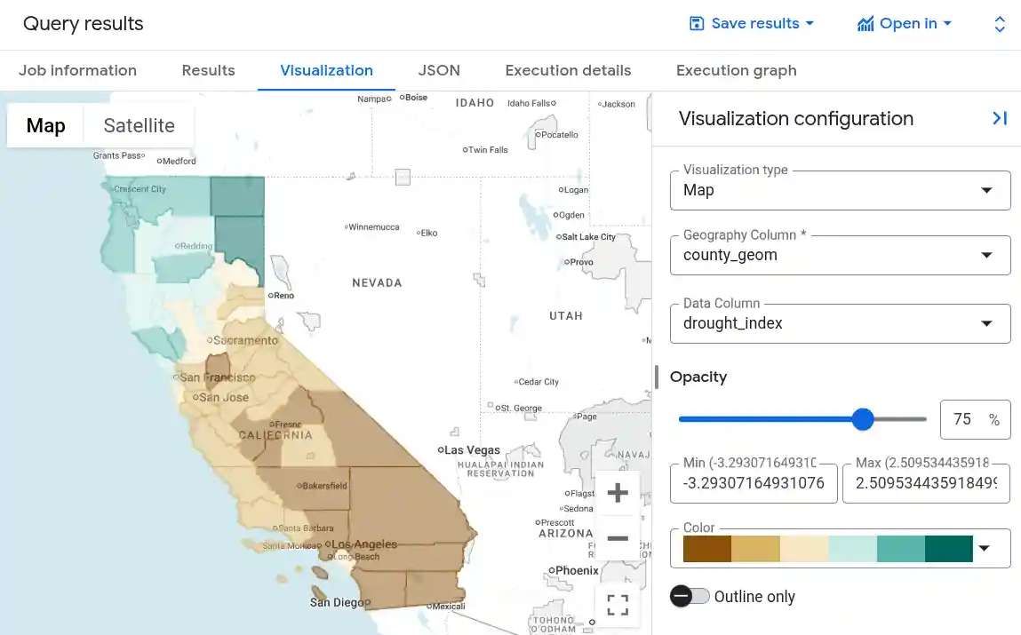 Drought index visualization in BigQuery Studio.