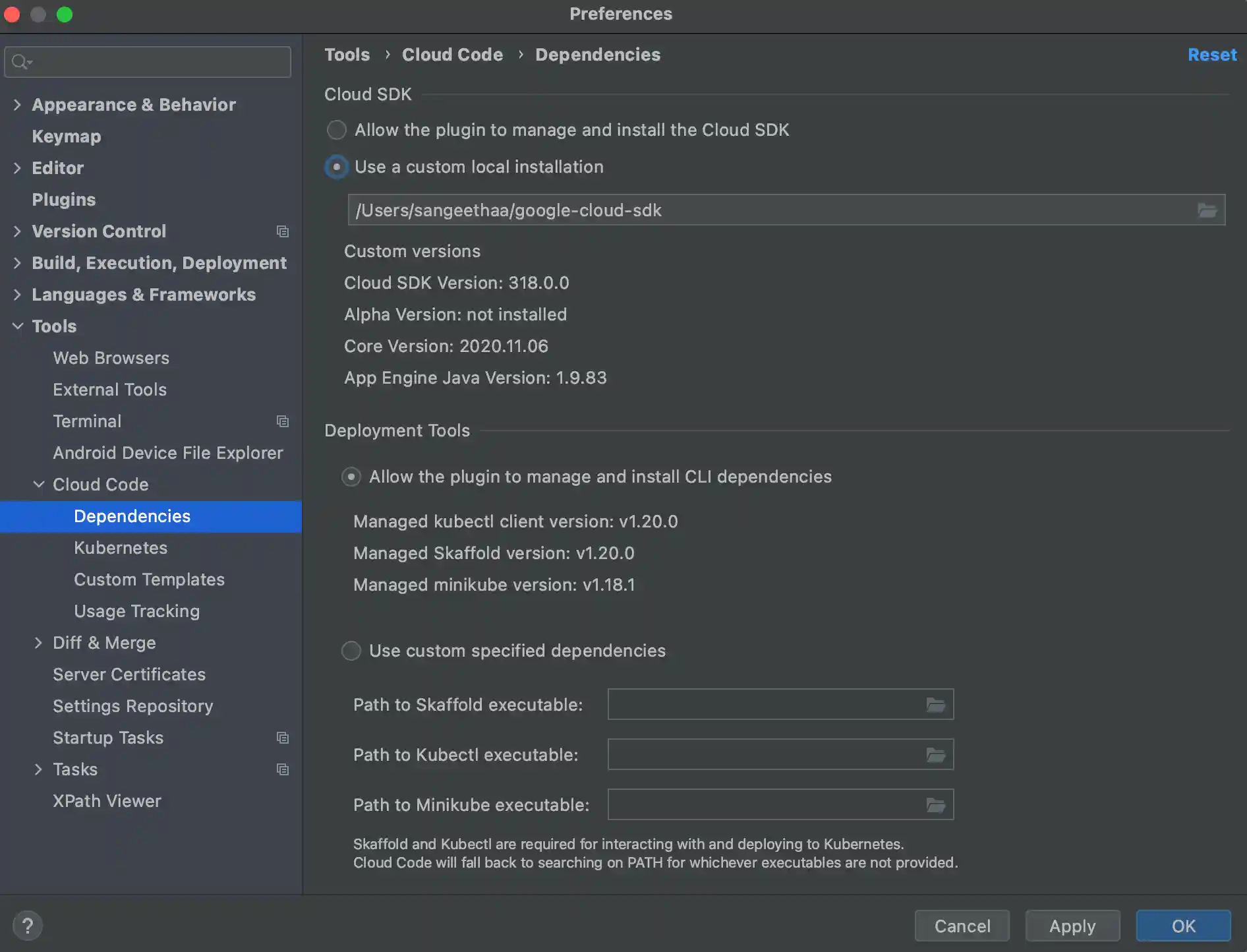 The Setting dialog with Cloud Code and its
underlying section, Dependencies, selected. The main area shows radio
buttons to allow the plugin to manage the gcloud CLI or to use a custom
installation. The dialog also shows a field for
browsing to a custom installation with a Browse folder icon.