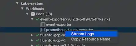 Streaming logs from a container using its right-click menu to output logs into the Kubernetes Explorer Console