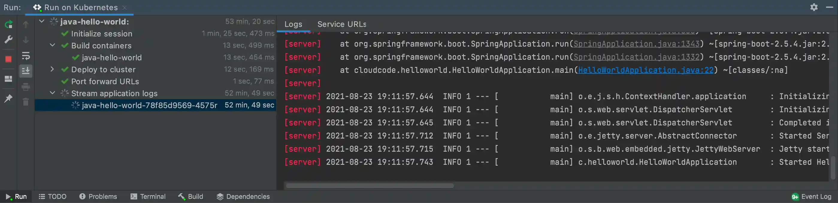Viewing streamed logs from the Hello World Java application