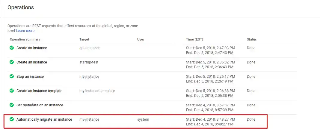 The operations page showing a live migration.
