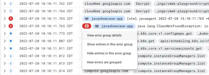 Example of log entry with error reporting grouping.