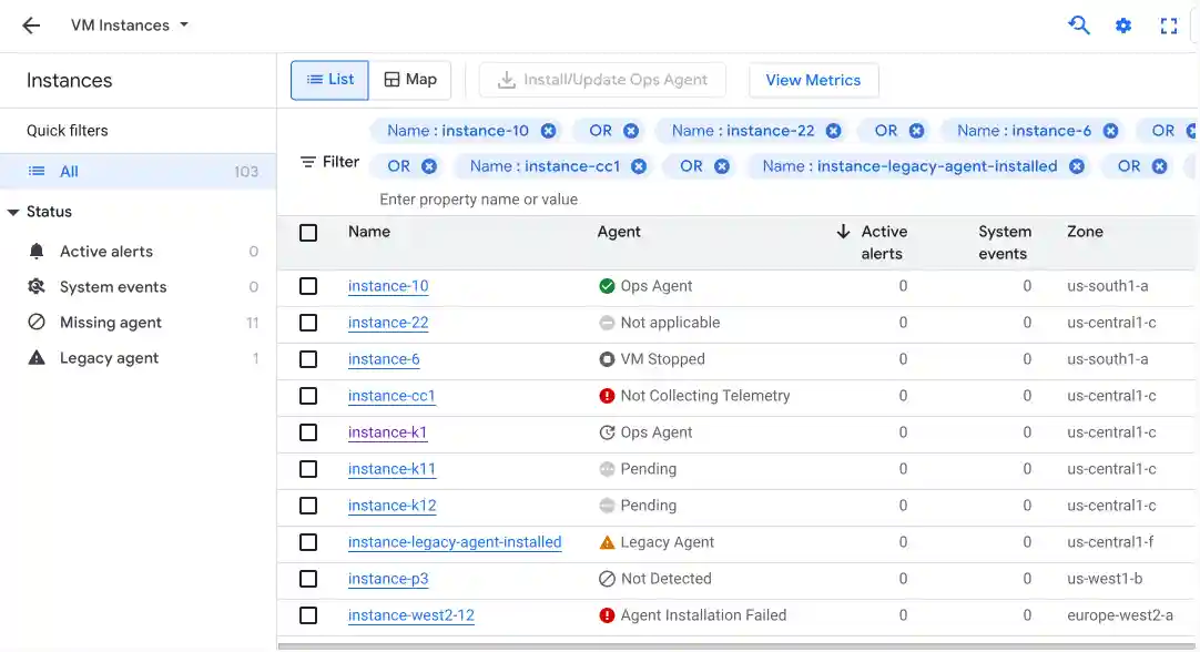 The VM Instances dashboard in Monitoring shows the status
of
agents.