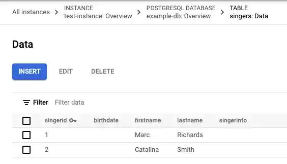 The updated Singers table data with two rows.