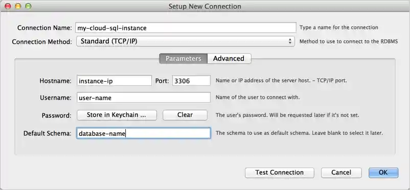 The Setup New Connection, Parameters in MySQL Workbench.
