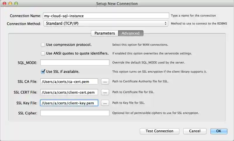 The Setup New Connection, Advanced in MySQL Workbench.